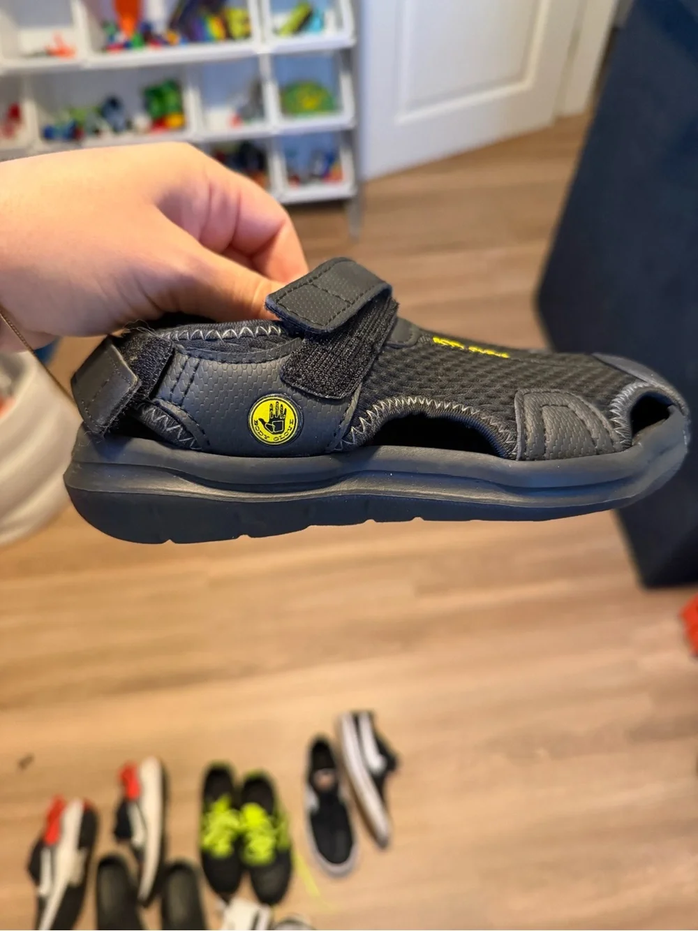 Kids Black Closed-Toe Sandals with Yellow Detail